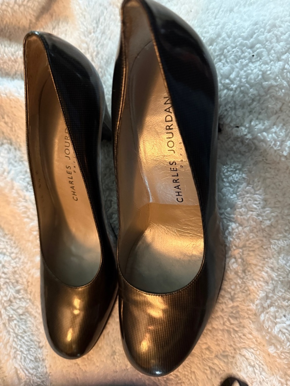 Charles Jourdan: Metallic Silver-Black Patent Leather Pumps.